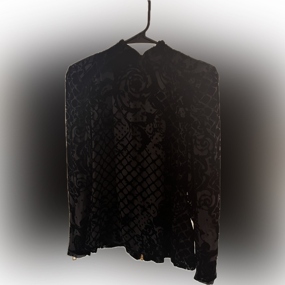 Balmain Black Velour High Neck Zip Up Top with Gold Zipper Detail Size 6